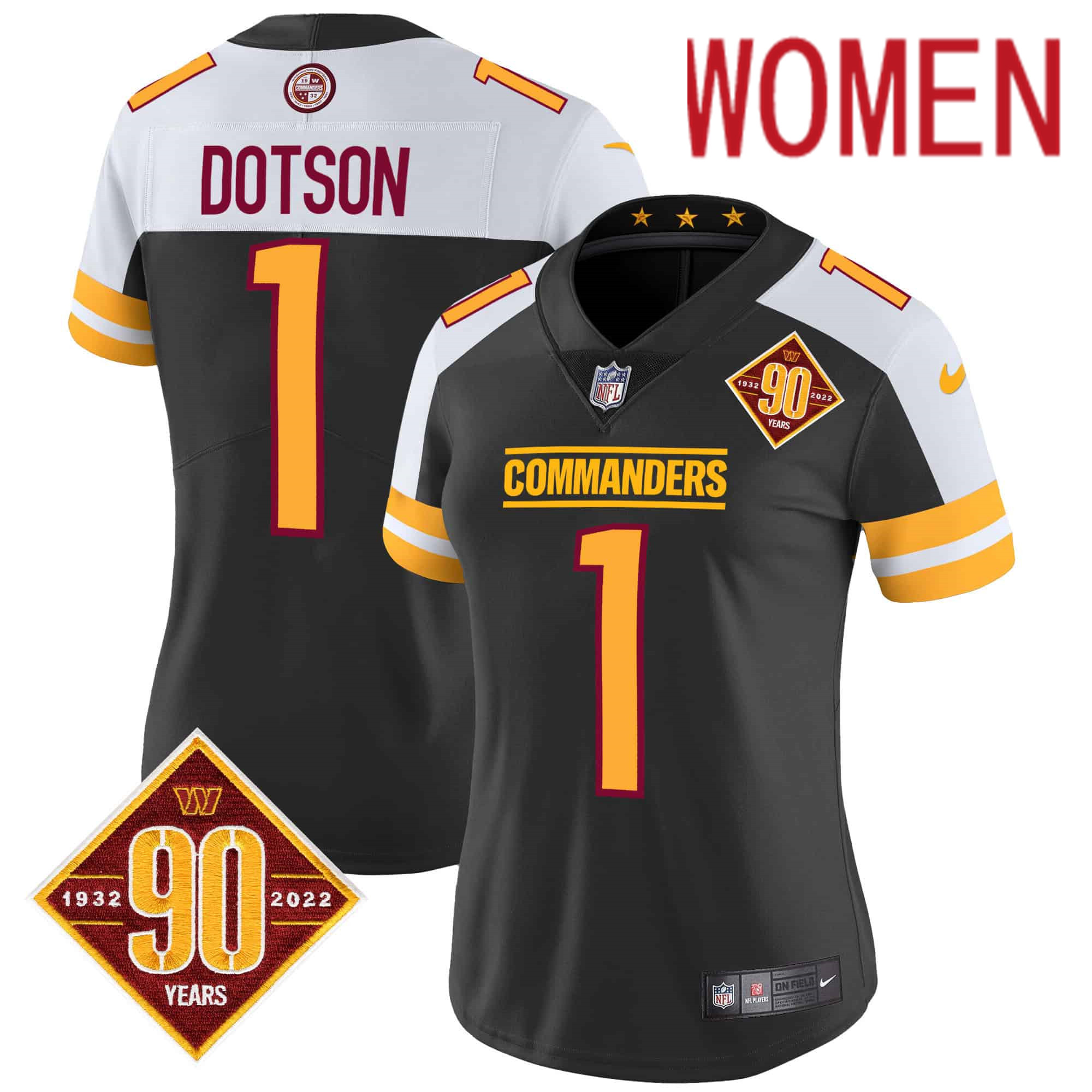 Women Washington Commanders 1 Dotson Black 90th Anniversary Patch 2024 Nike Vapor Limited NFL Jersey
